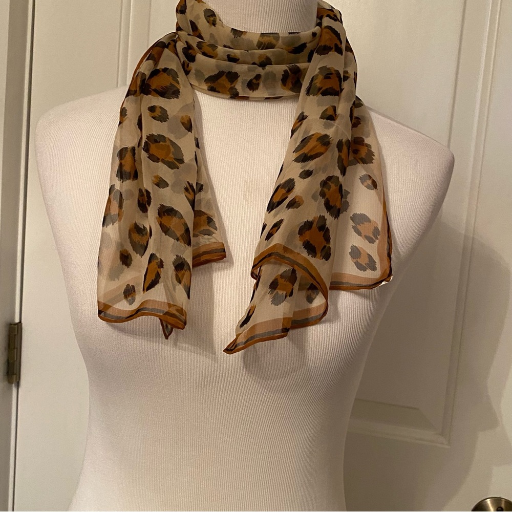 BURMEL SCARF VINTAGE CREAM BROWN BLACK SHEER ANIMAL PRINT HAND ROLLED RECTANGLE